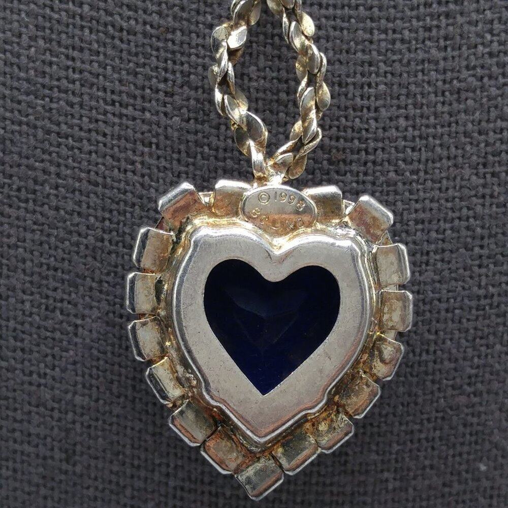 Vintage Blue Heart Pendant Necklace, Signed BC Lind 1998, Clear Rhinestones, 17" - Picture 4 of 11